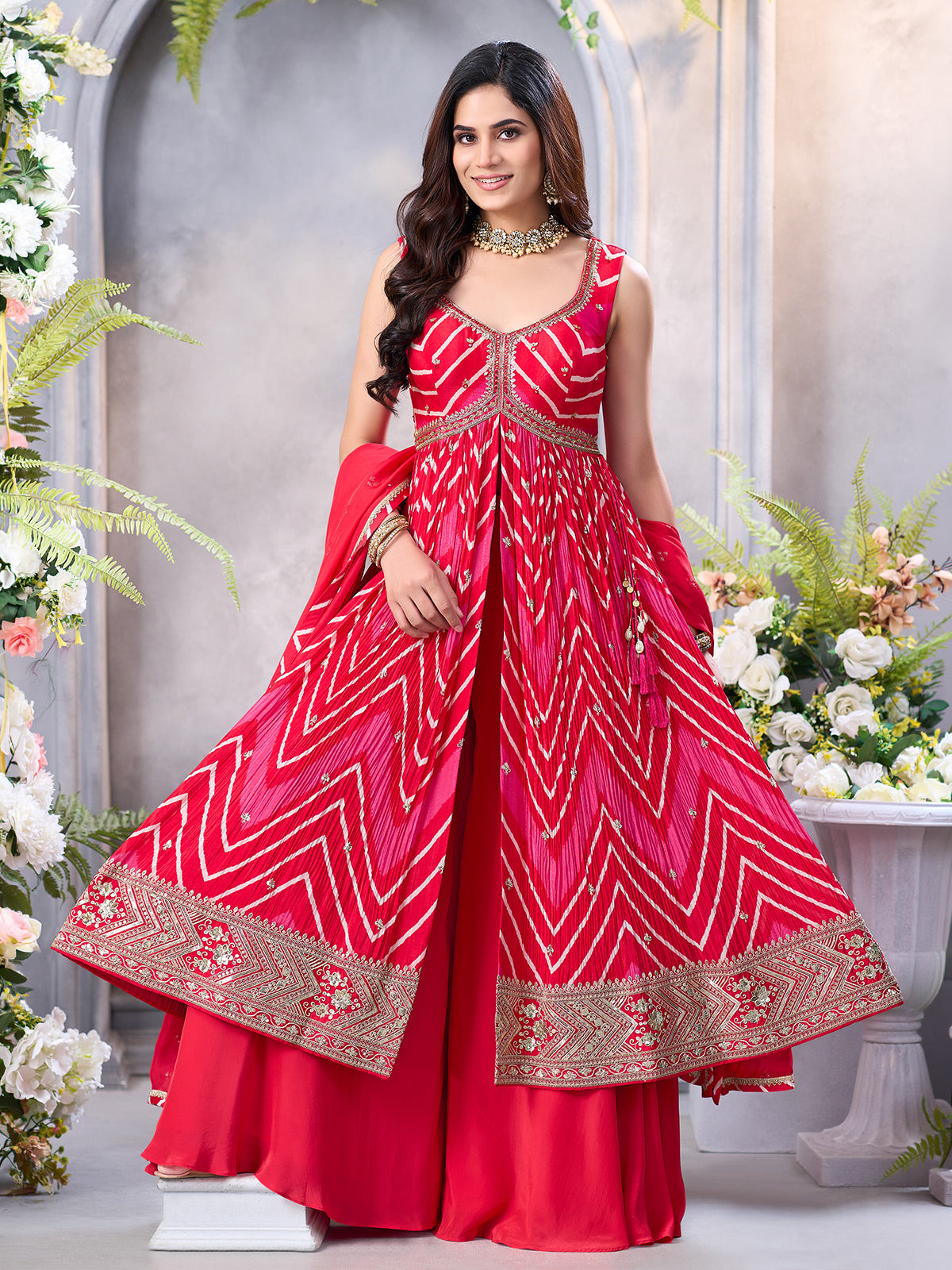 Rani pink silk palazzo suit with zardosi work