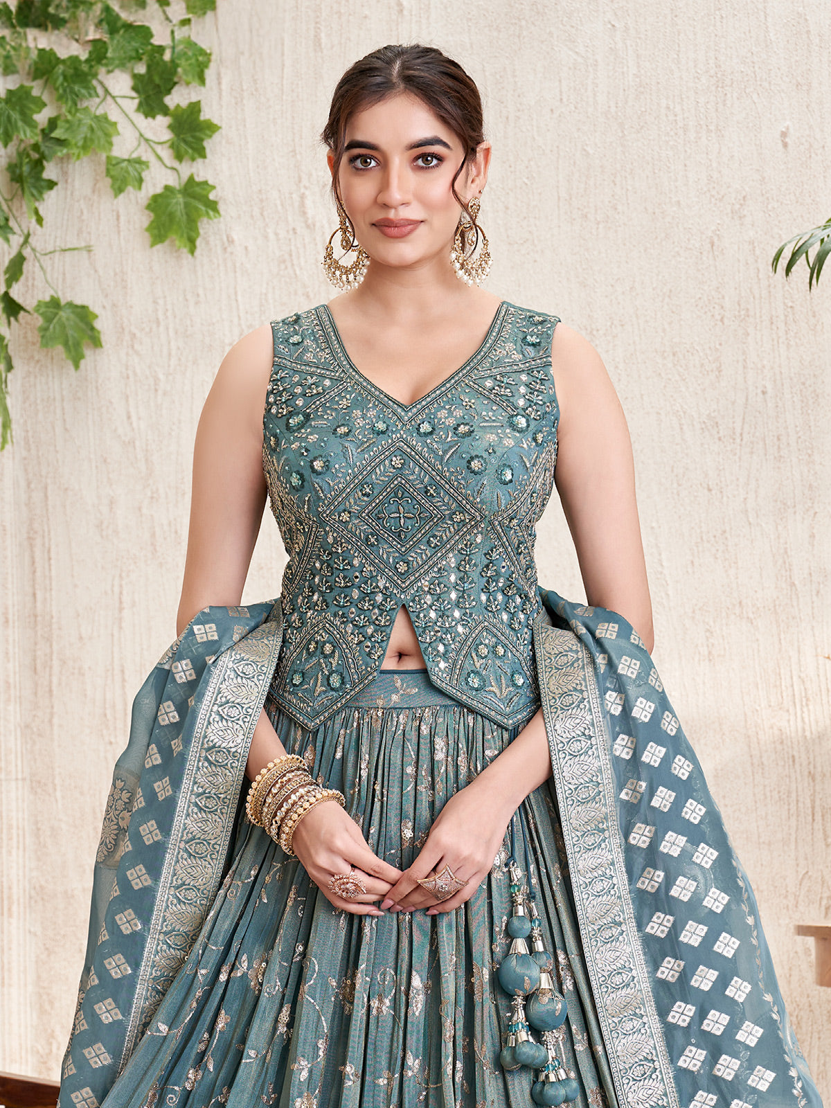 Stone grey silk lehenga choli with zari embellishment