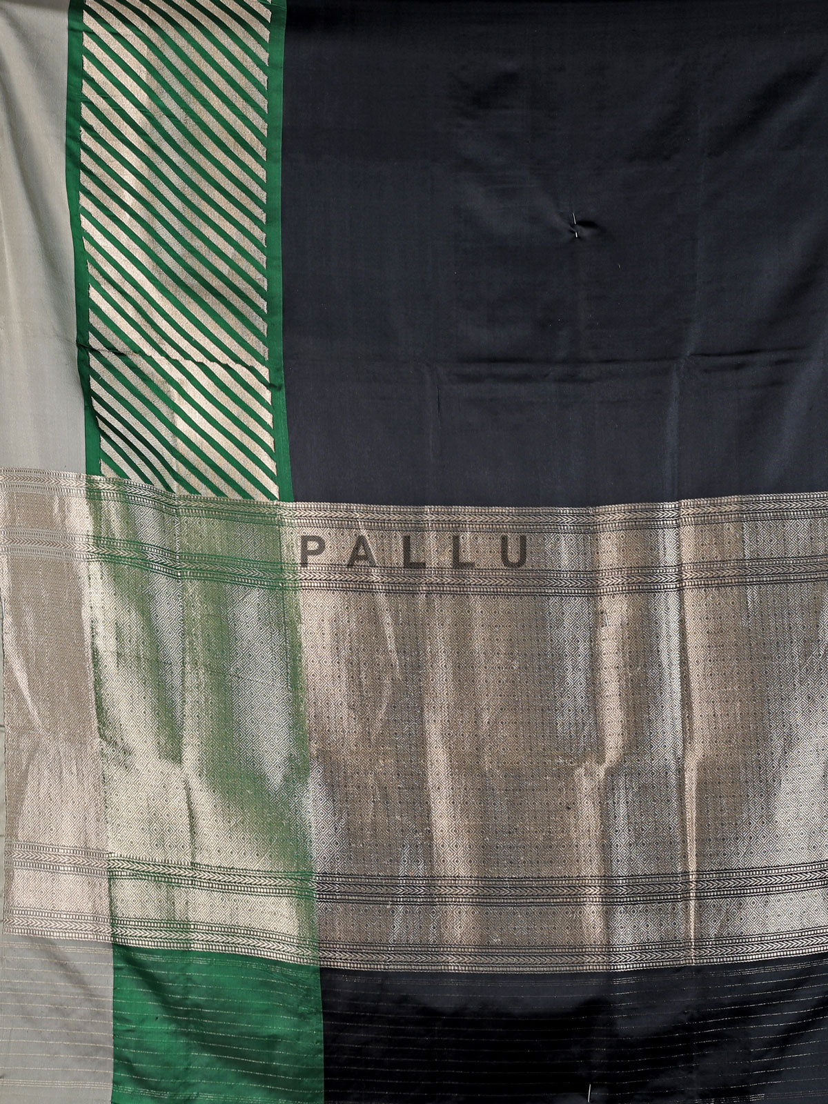 Black banarasi silk saree with contrast border and zari pallu