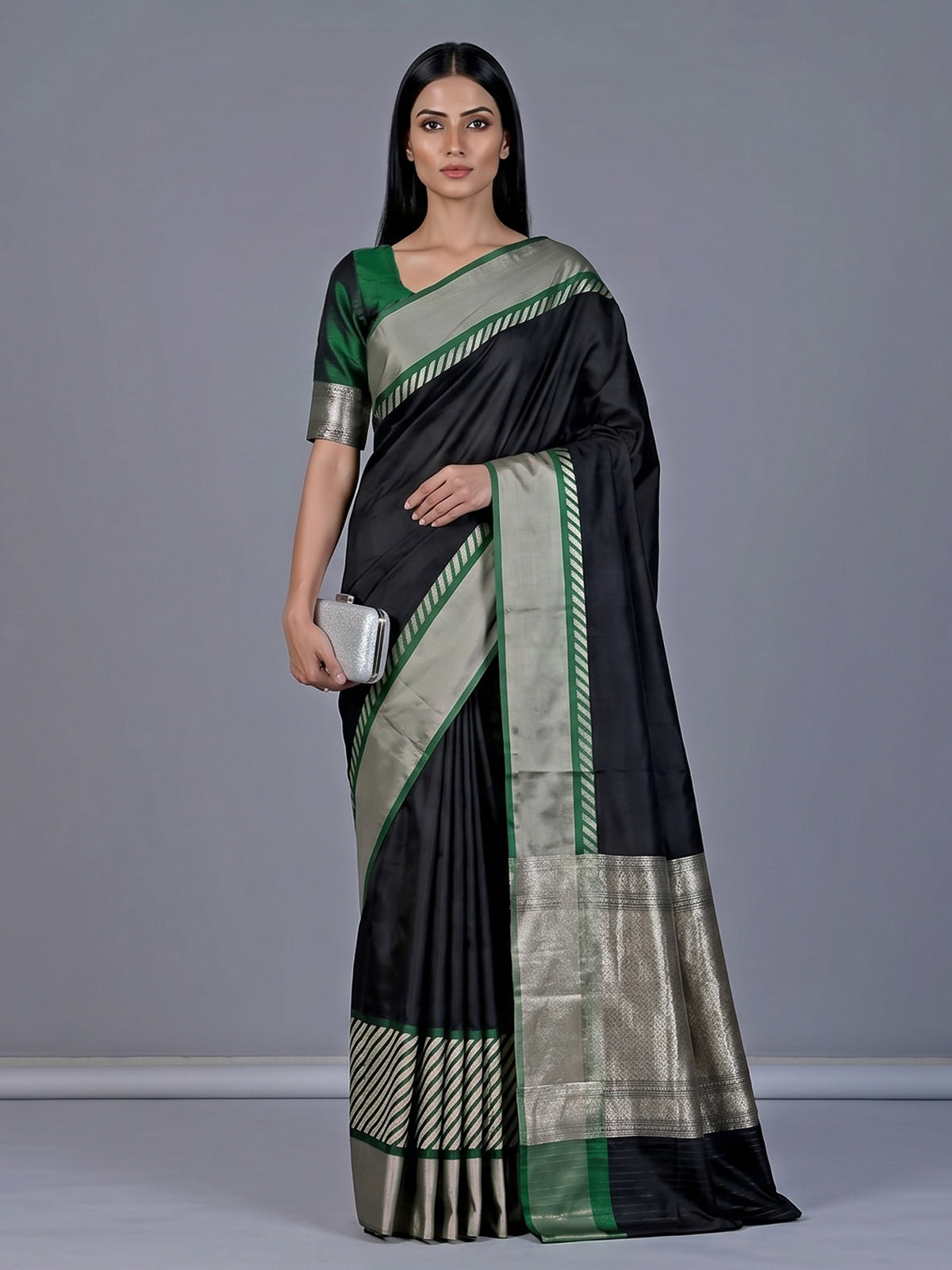 Black banarasi silk saree with contrast border and zari pallu