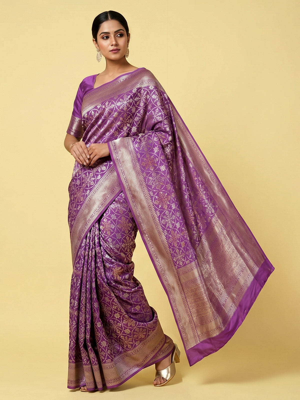 Lavender purple banarasi silk saree with elegant zari accents