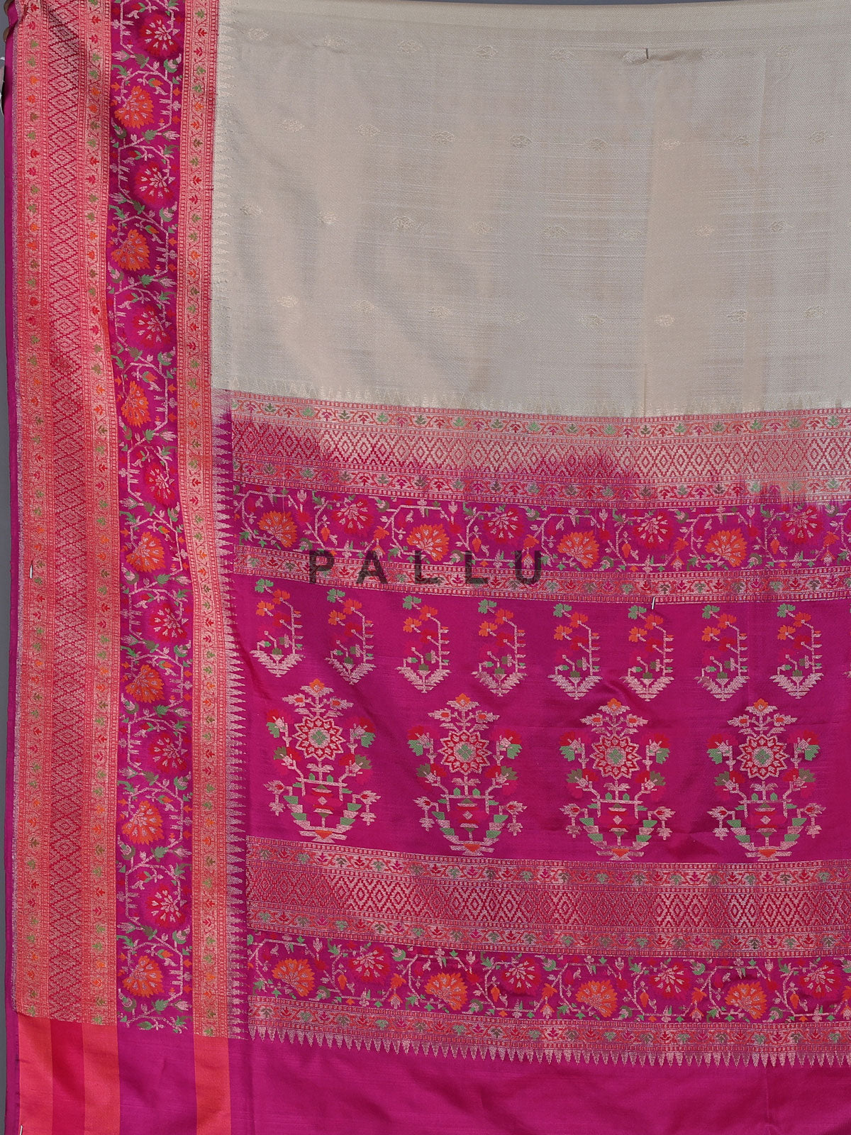 Beige banarasi silk saree with floral zari border design