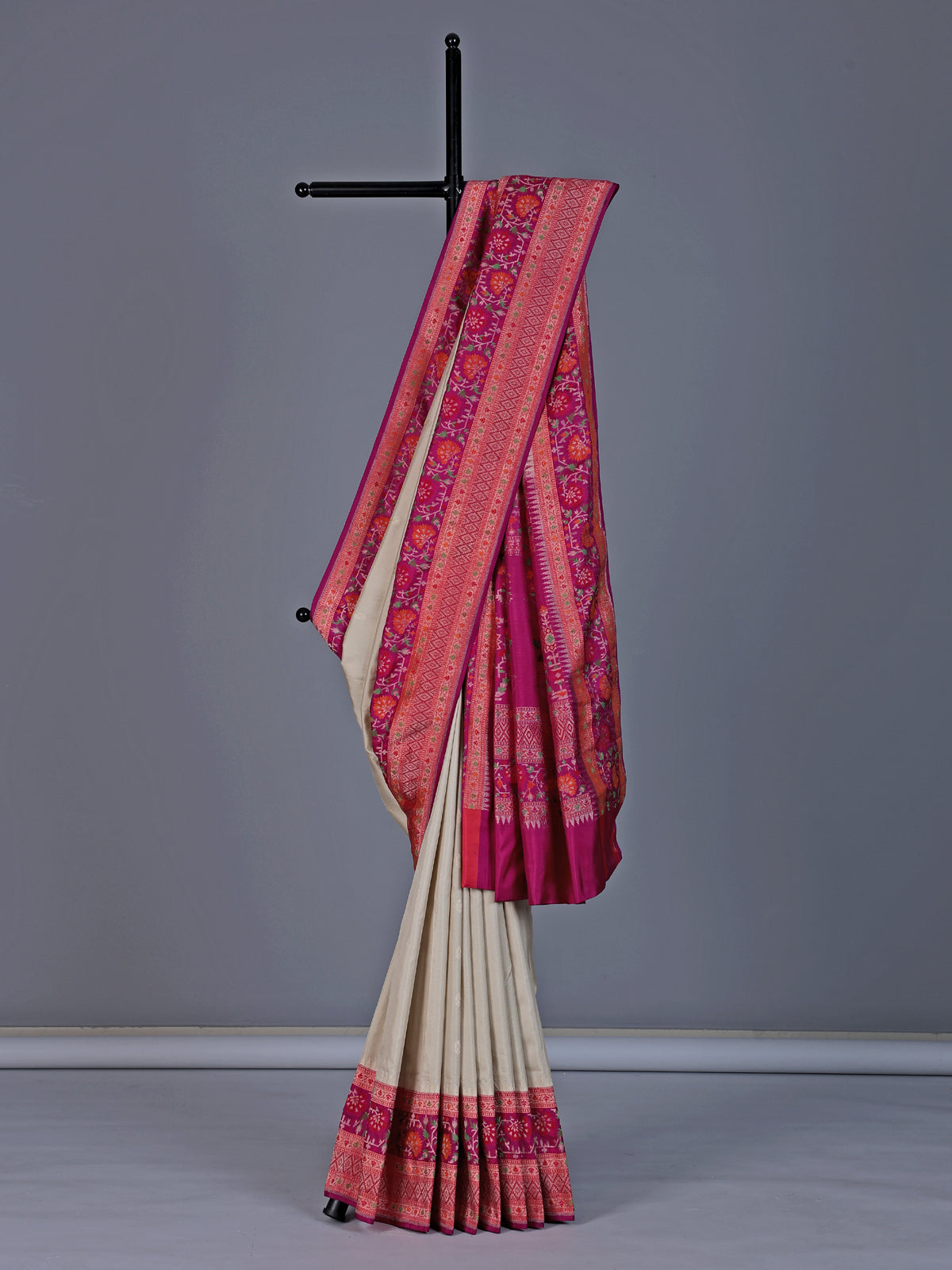 Beige banarasi silk saree with floral zari border design