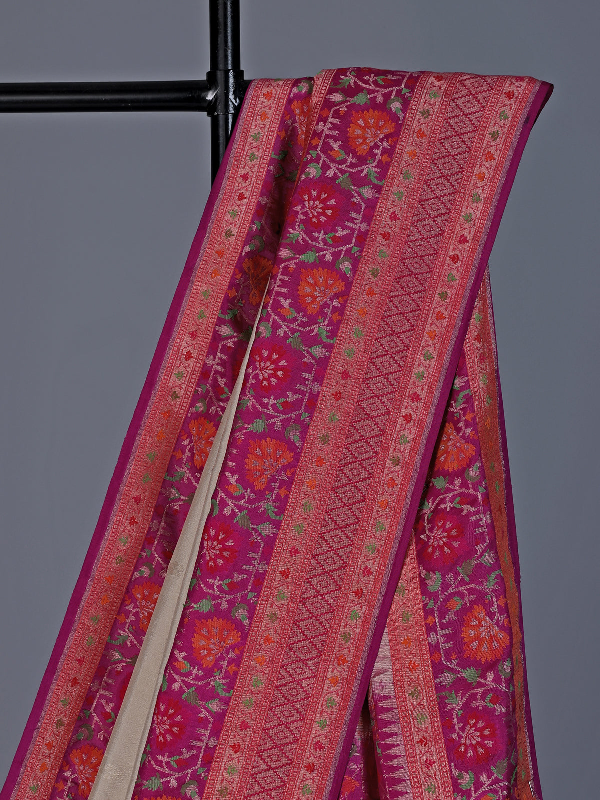 Beige banarasi silk saree with floral zari border design