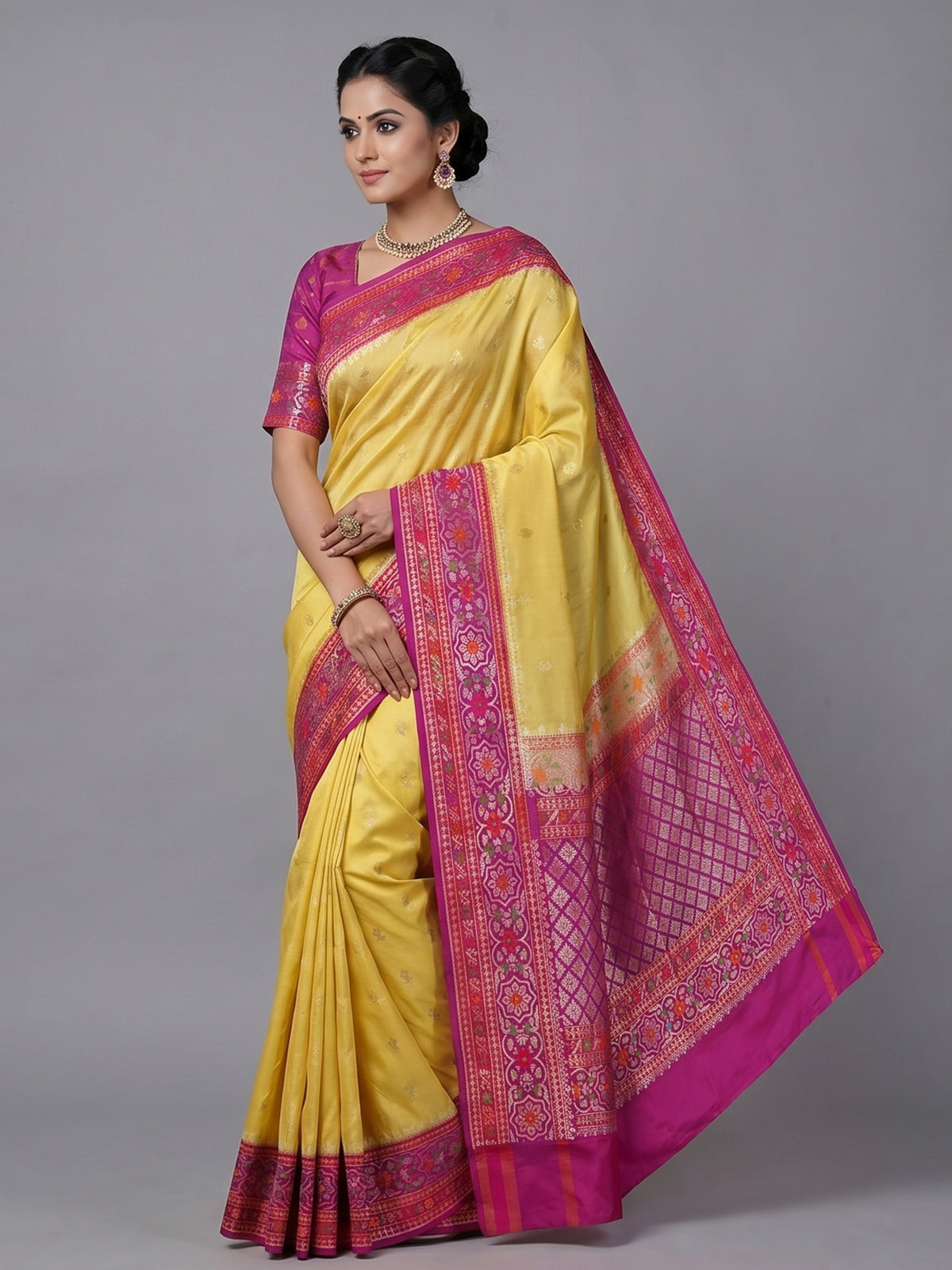 Yellow banarasi silk saree with floral zari contrast border