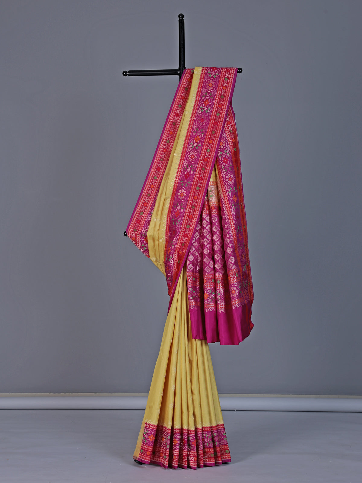 Yellow banarasi silk saree with floral zari contrast border