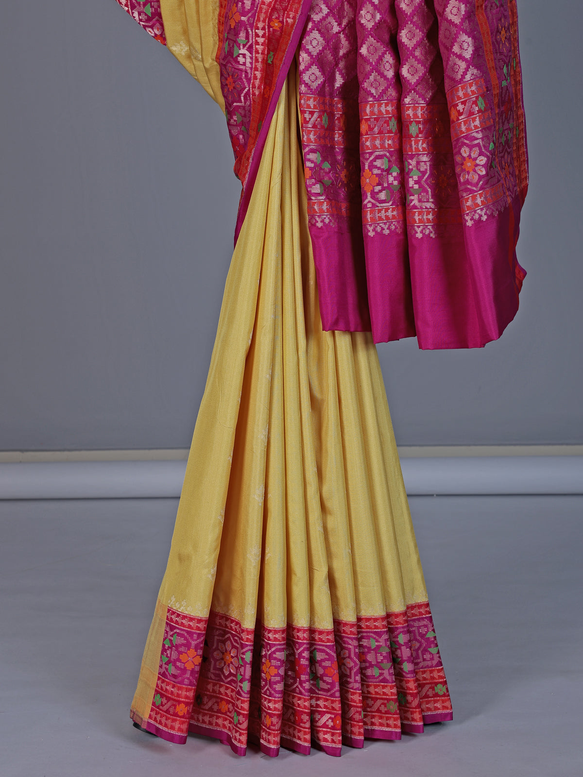 Yellow banarasi silk saree with floral zari contrast border