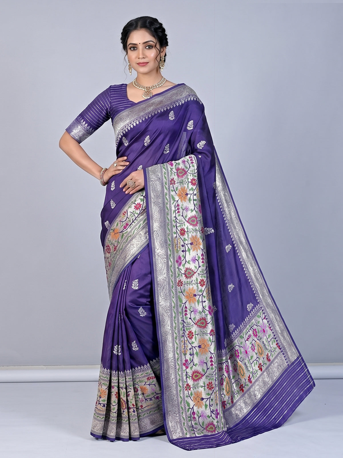 Purple banarasi silk saree with floral zari butti border