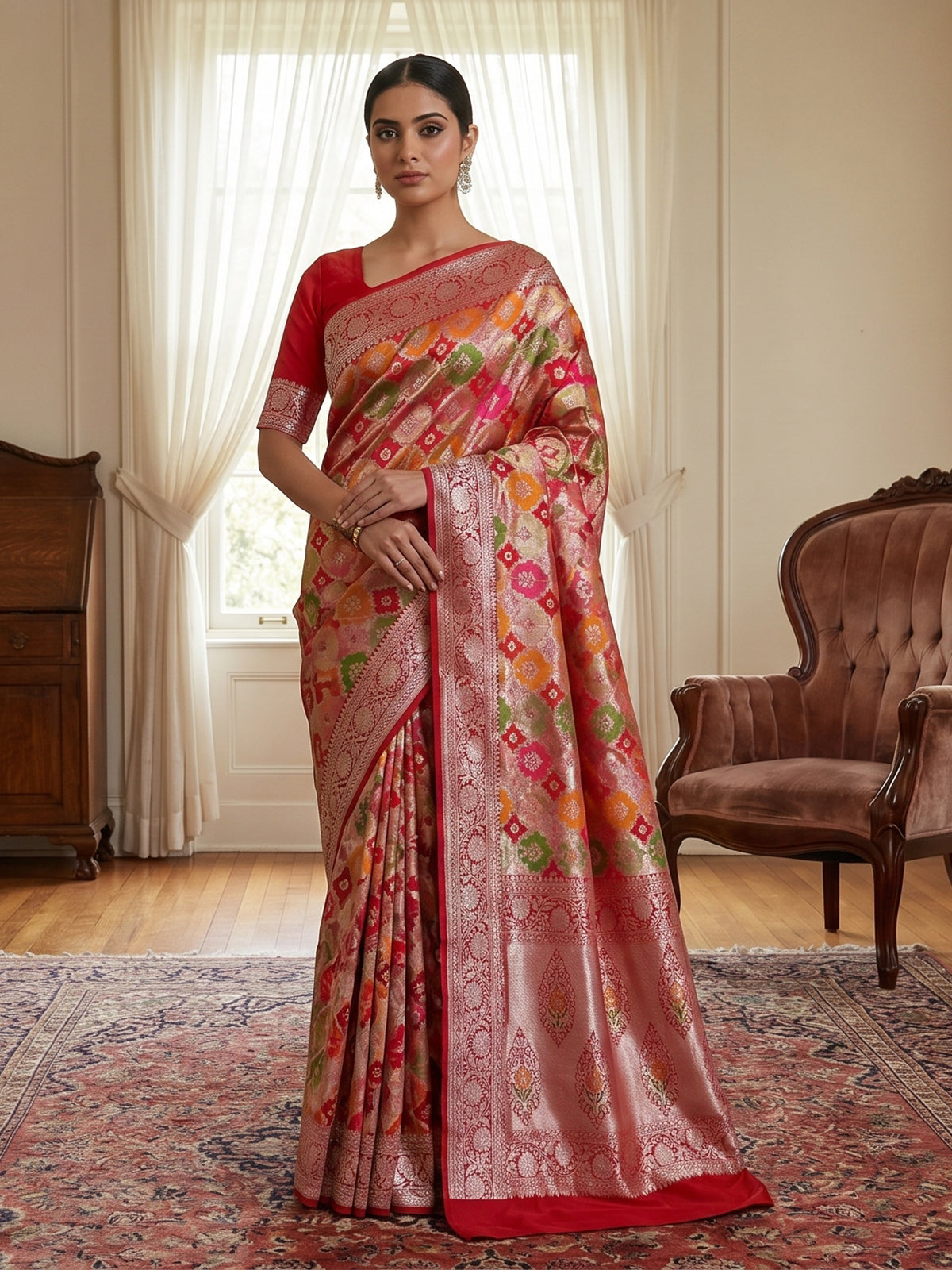 Red banarasi silk saree with floral zari work elegance