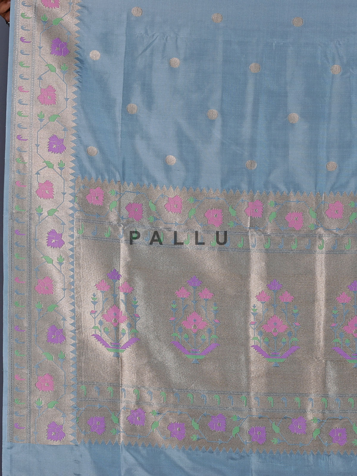 Light grey banarasi silk saree with zari butti motifs