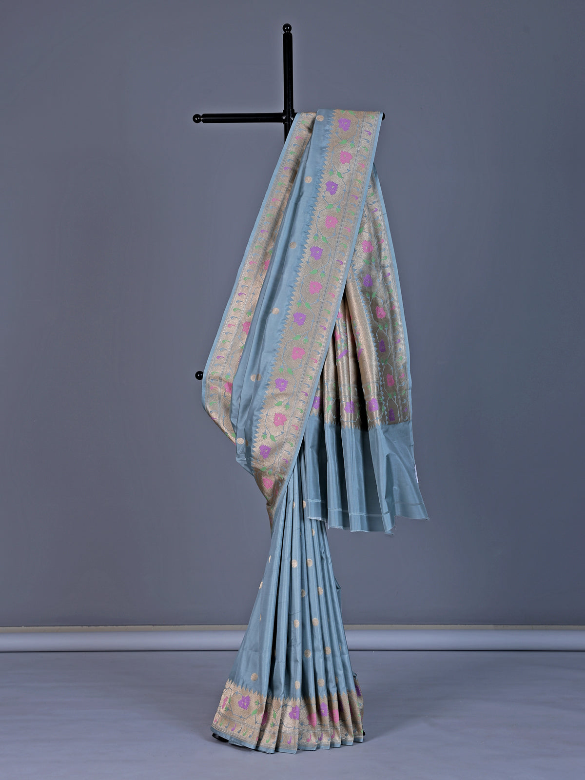 Light grey banarasi silk saree with zari butti motifs