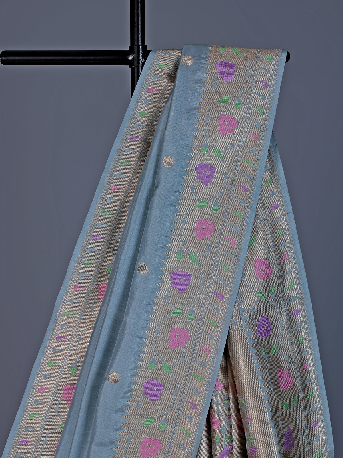 Light grey banarasi silk saree with zari butti motifs