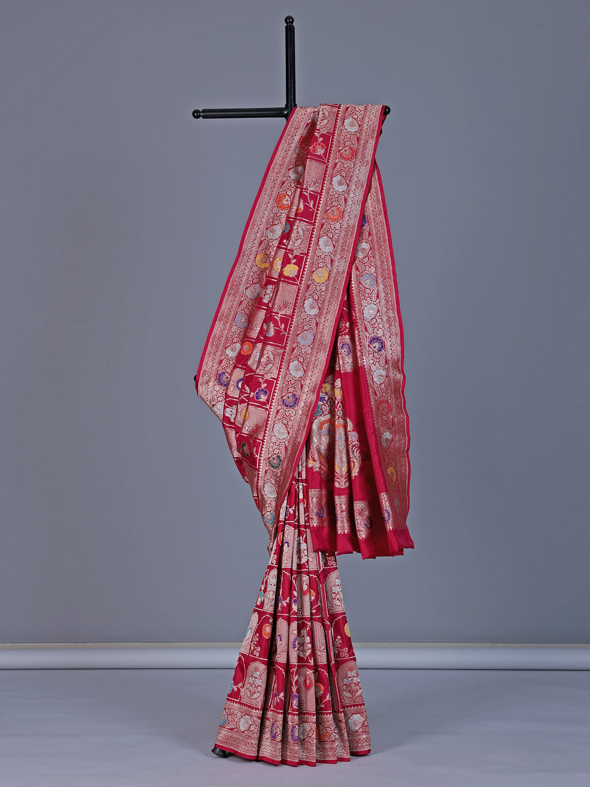Maroon banarasi silk saree with floral zari work richness