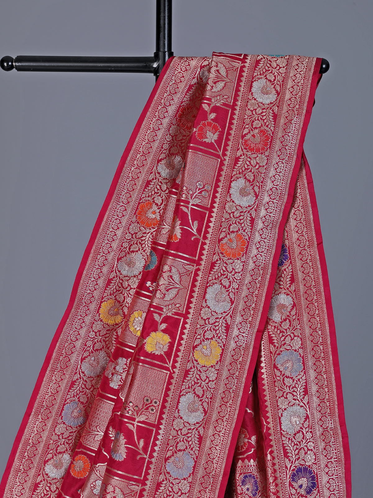 Maroon banarasi silk saree with floral zari work richness