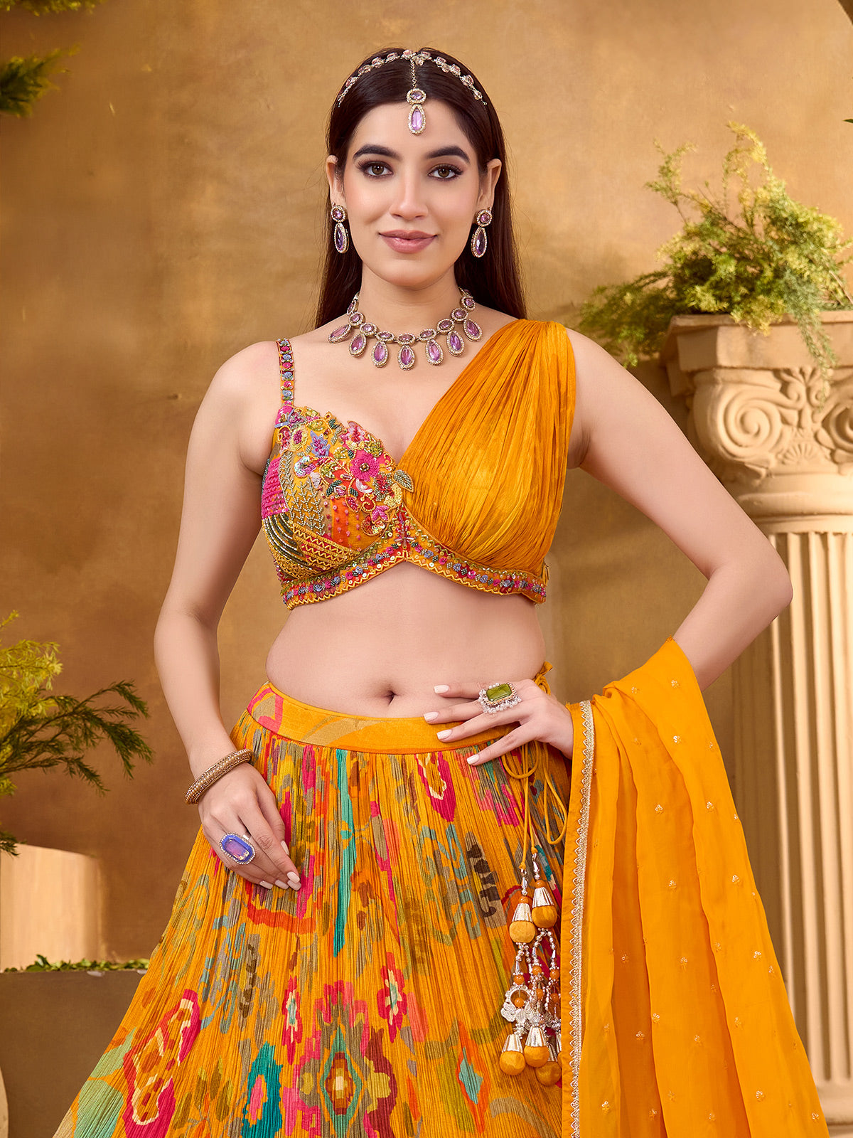Mustard chiffon lehenga choli with designer embellished blouse