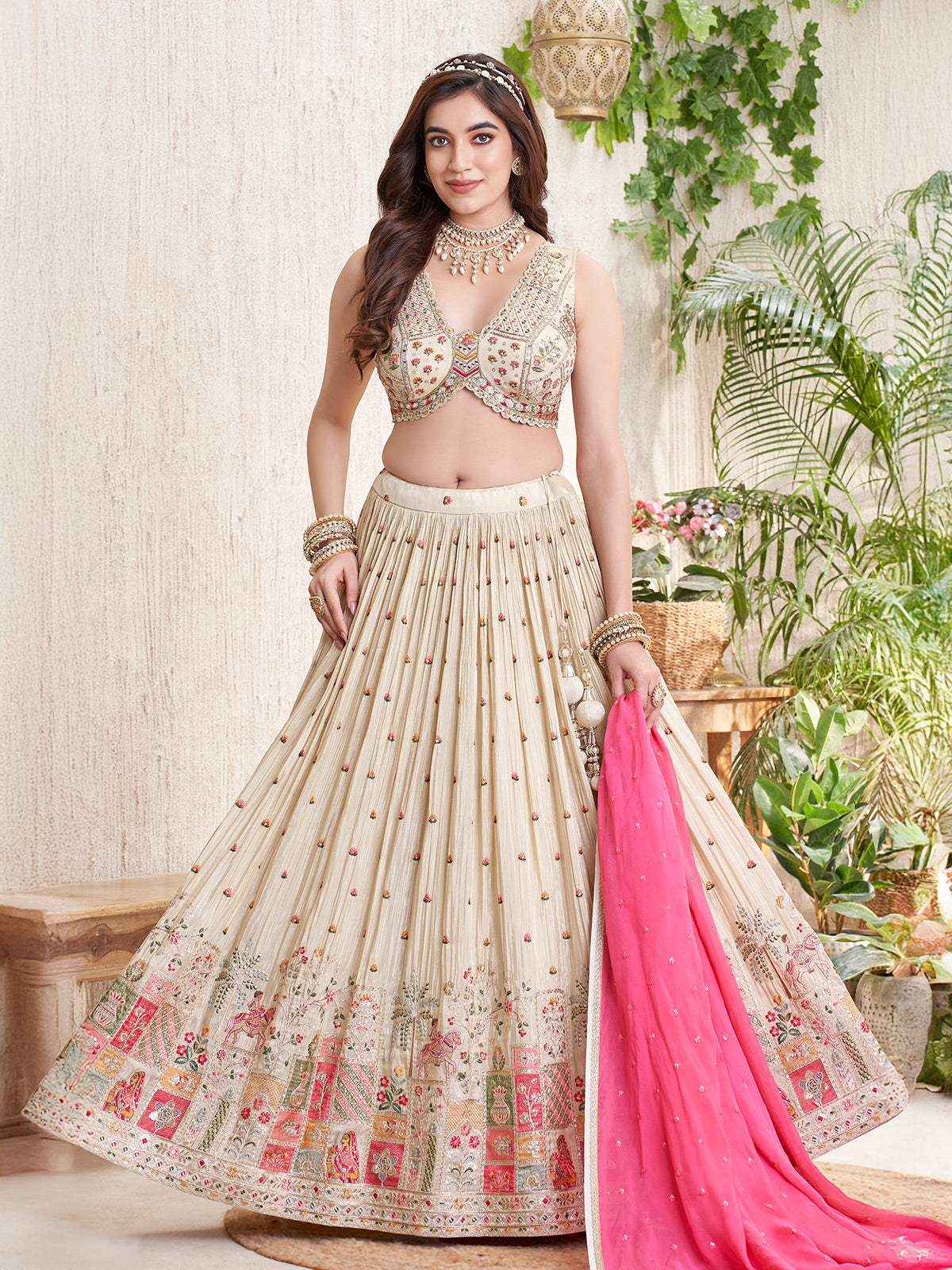 Cream chiffon silk lehenga choli with contrast dupatta