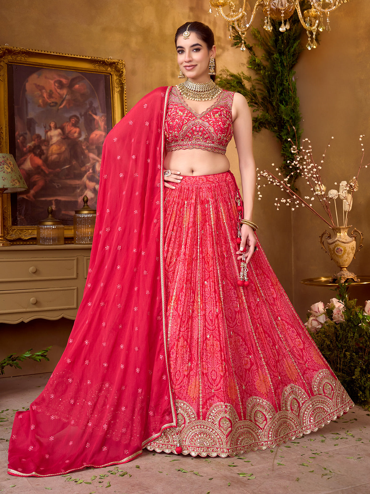 Red silk lehenga choli with floral embellished elegance