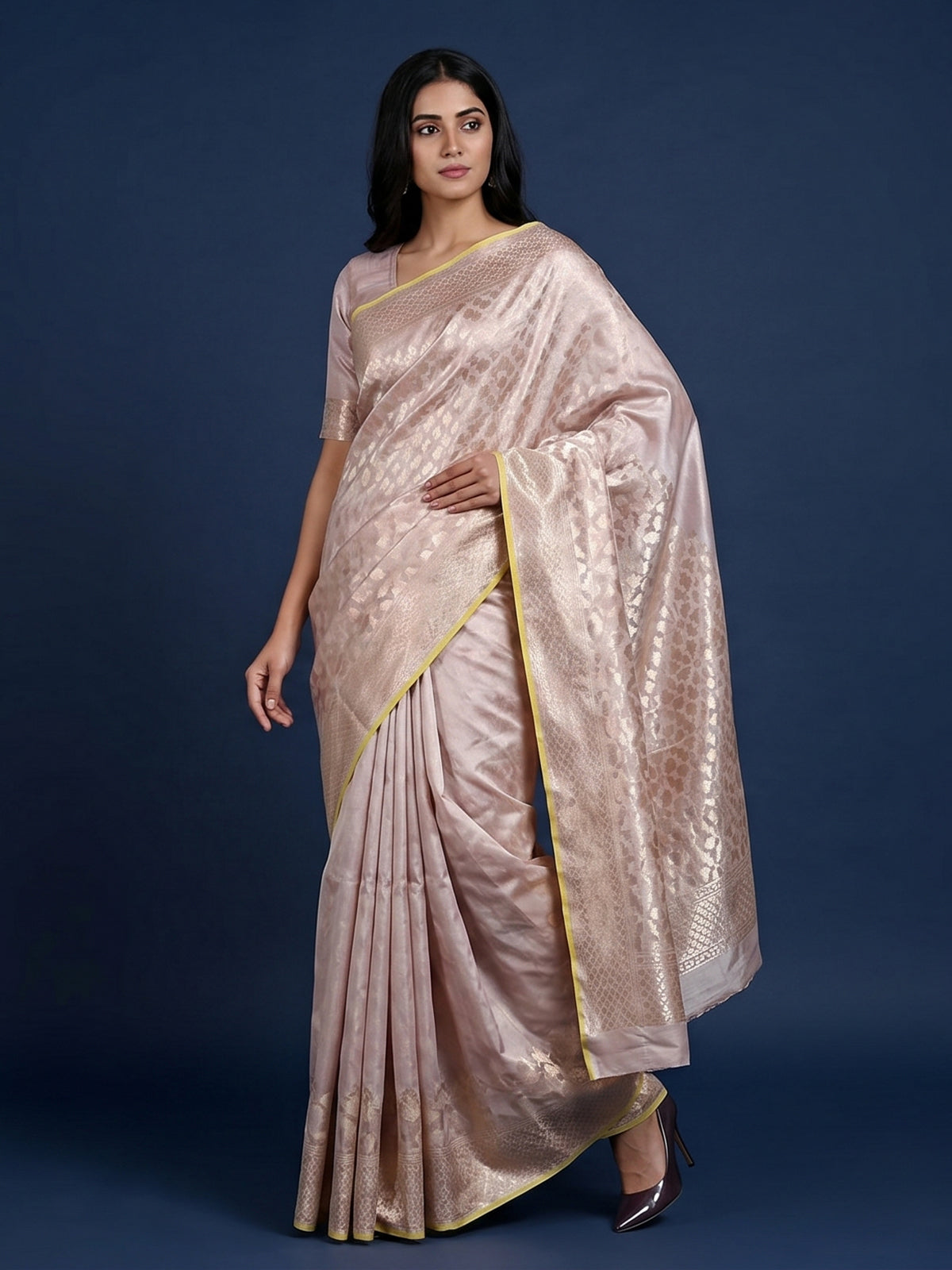 Elegant pink pure banarasi silk saree with refined festive zari accents