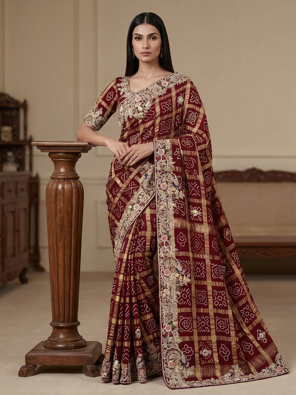 Maroon pure cotton gharchola saree saree with peacock art and bandhej patterns