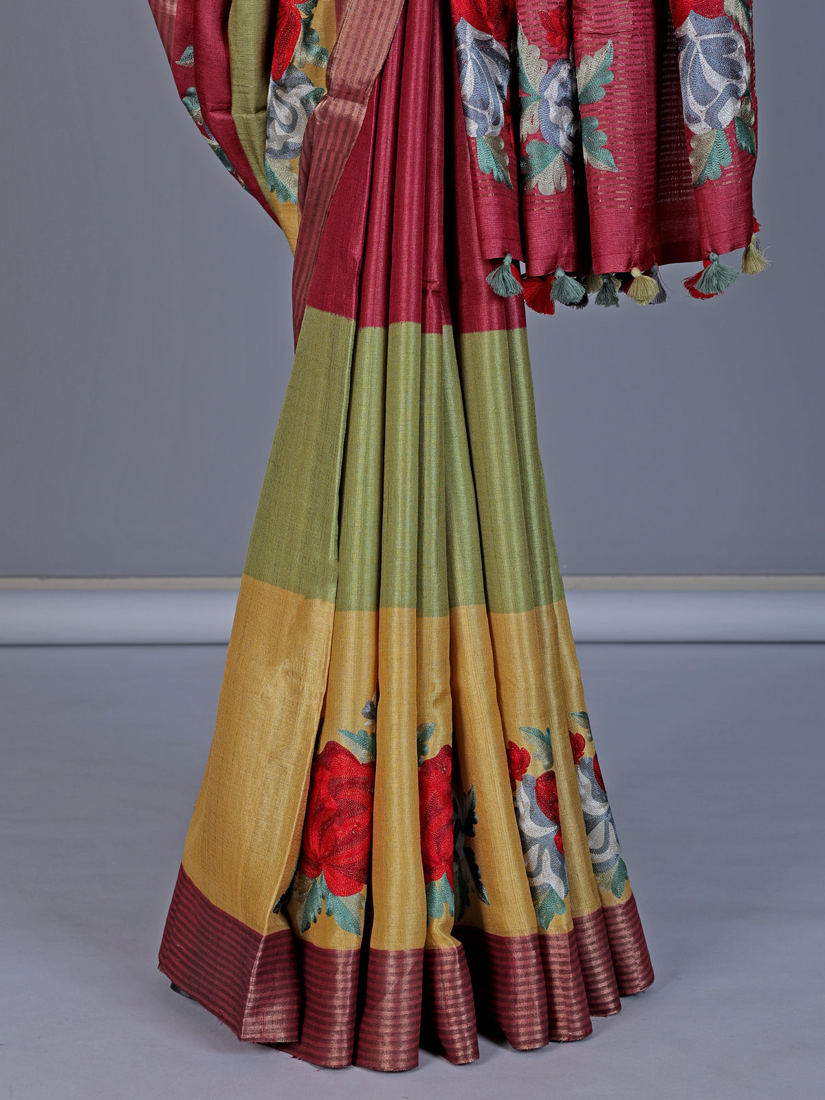 Vibrant multicolor dola silk saree with floral and zari highlights