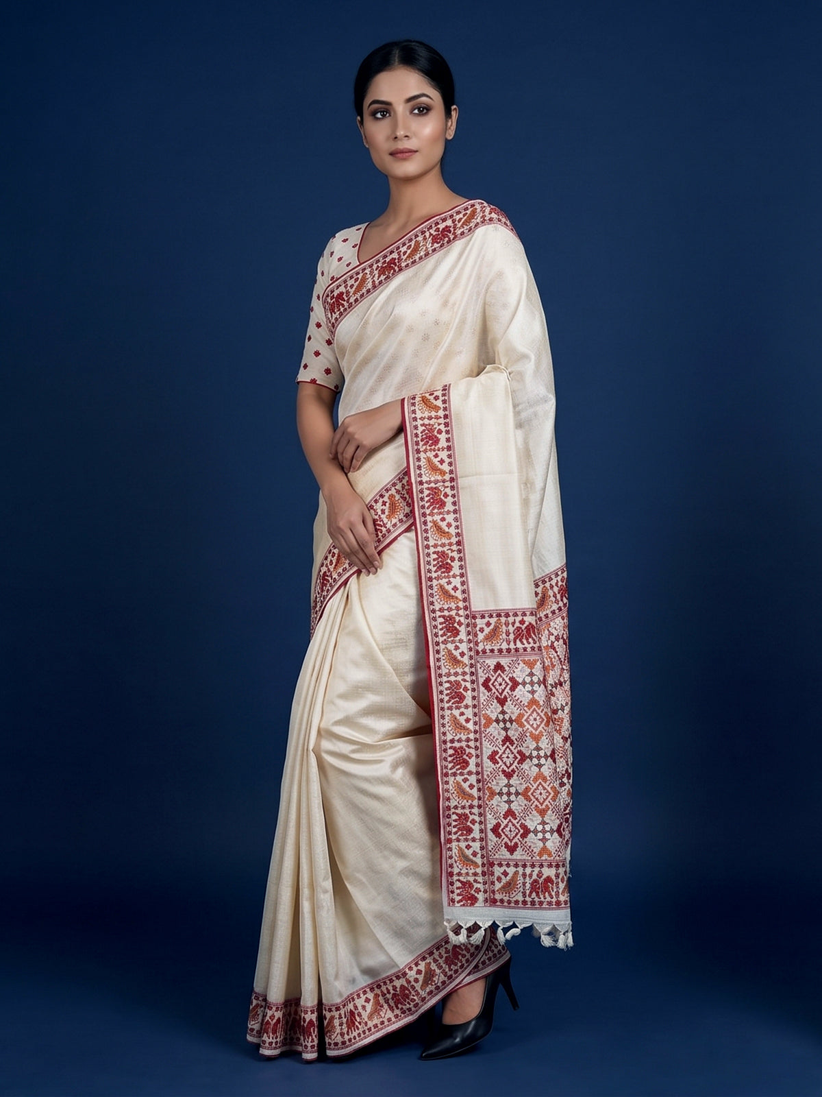 Off white tusser silk saree with heritage elephant zari motifs