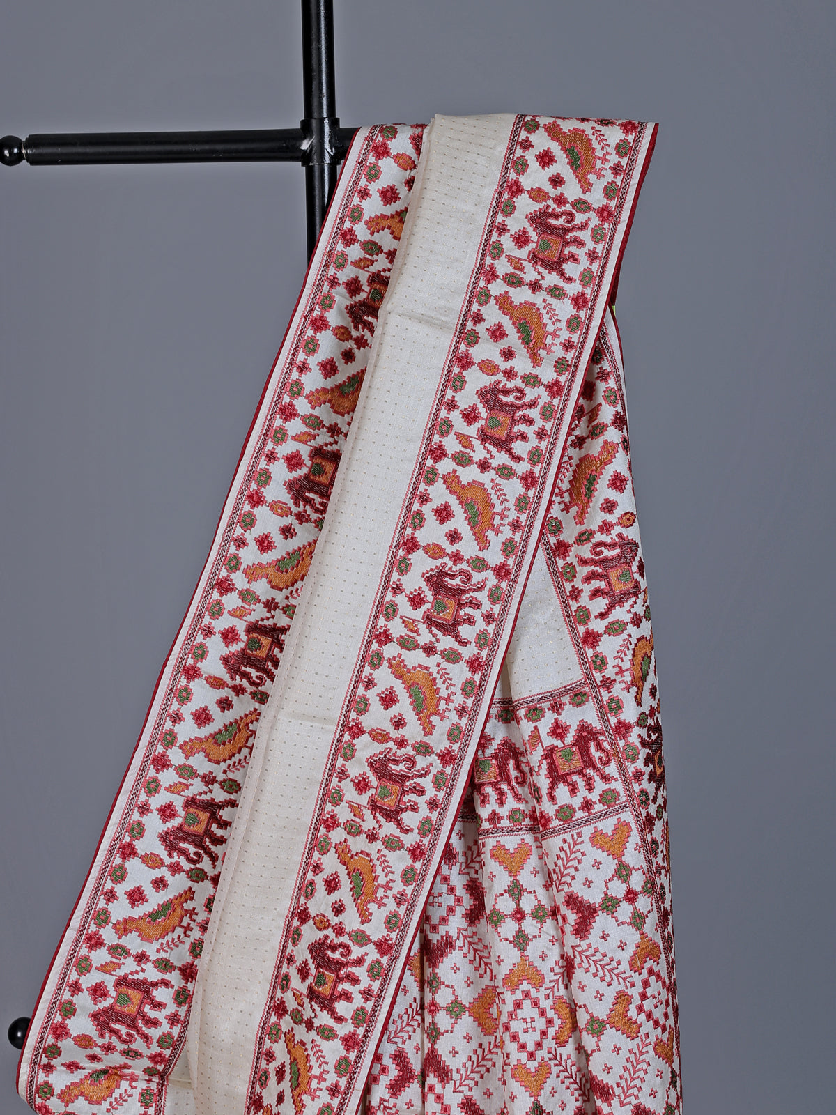 Off white tusser silk saree with heritage elephant zari motifs