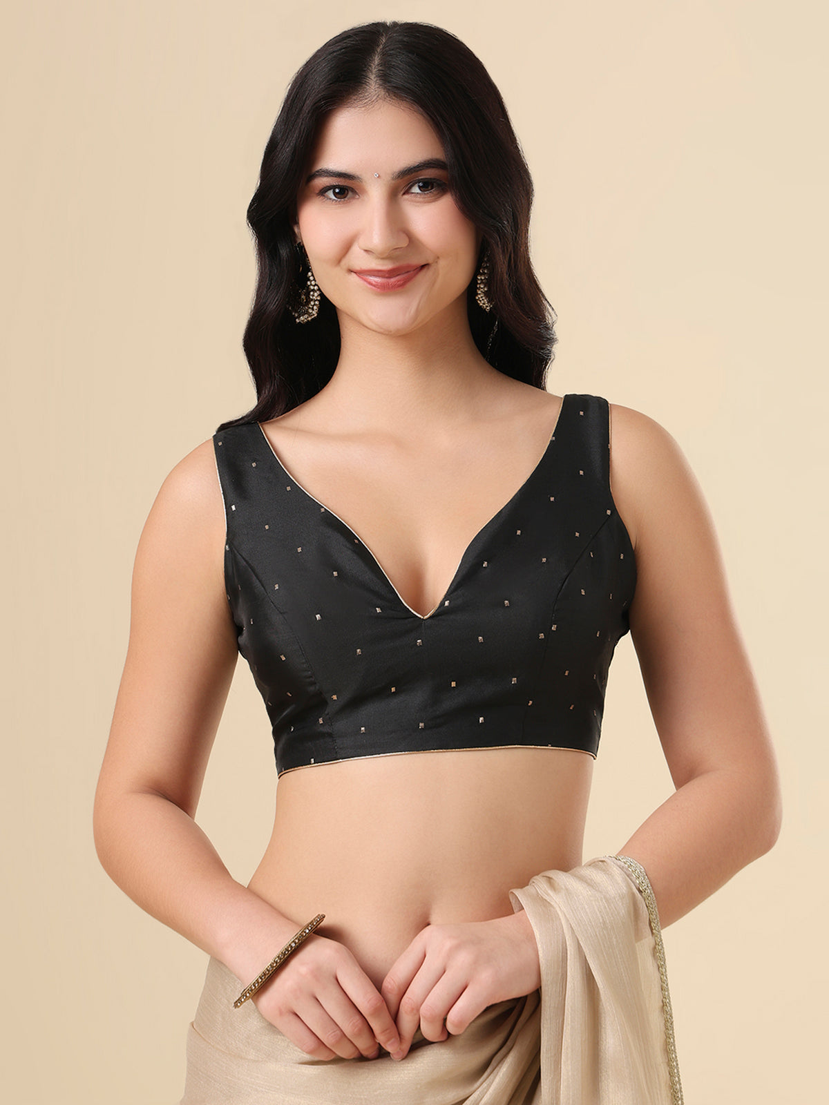 Black taffeta silk zari woven blouse with sleeveless design