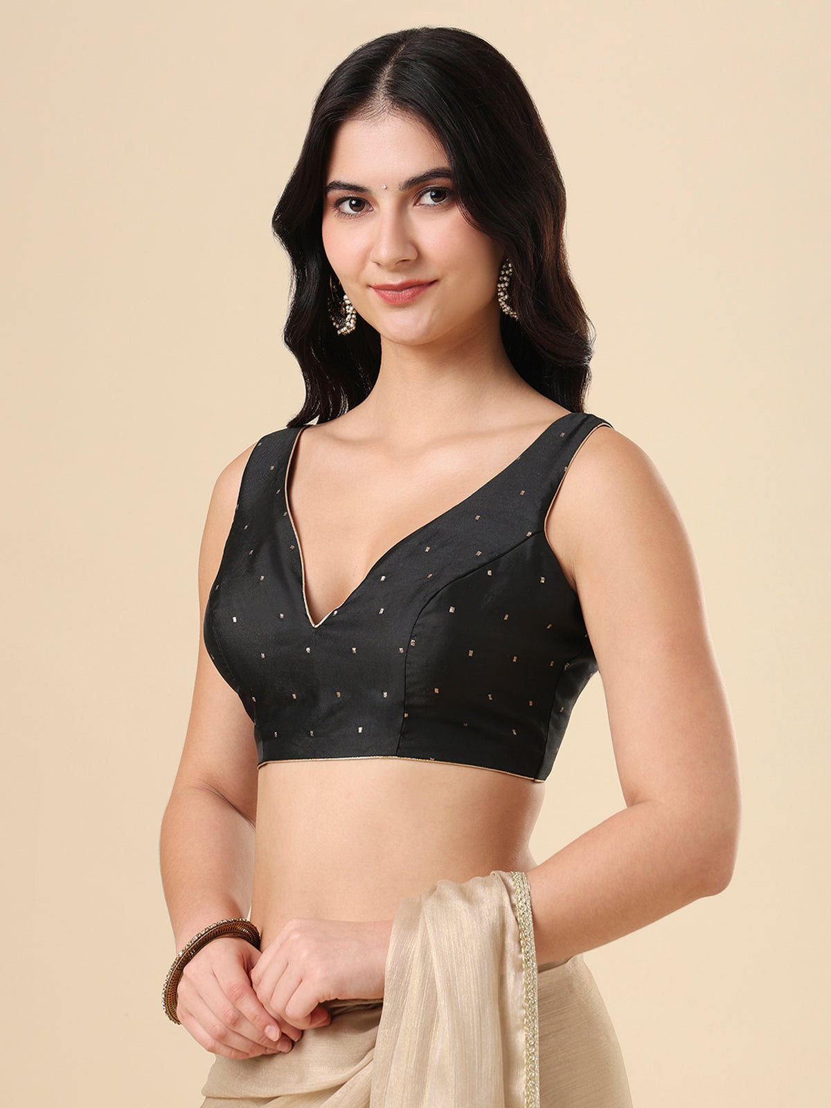 Black taffeta silk zari woven blouse with sleeveless design
