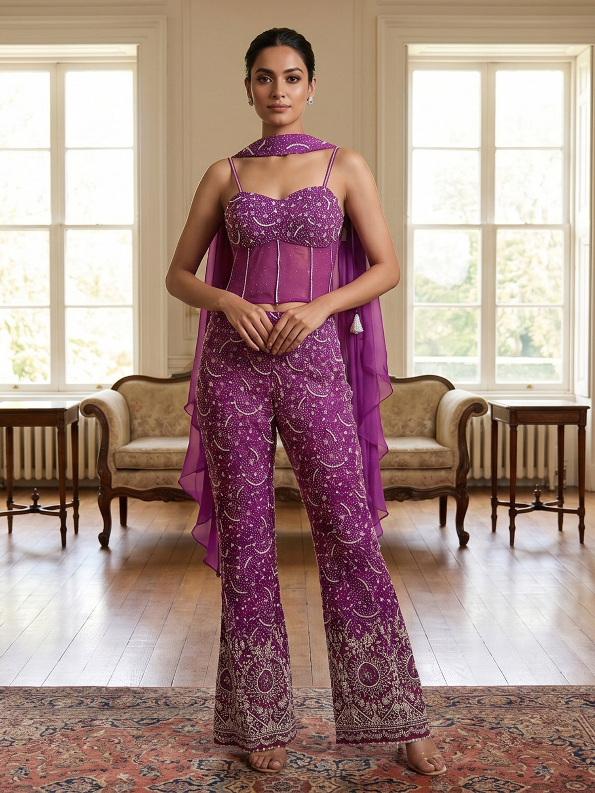 Purple georgette palazzo suit with ruffle dupatta