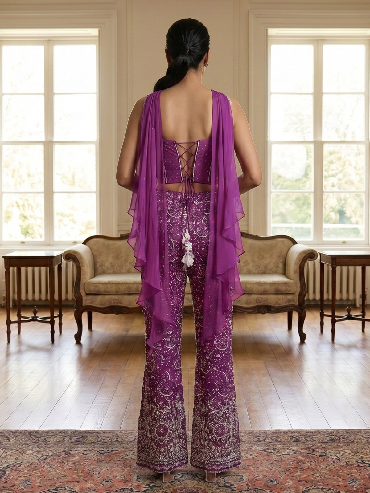 Purple georgette palazzo suit with ruffle dupatta