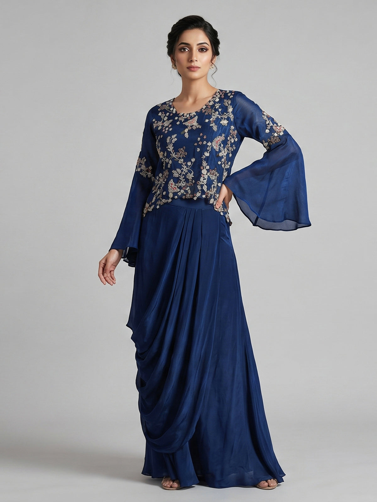 Blue crepe silk indowestern suit with zardosi work