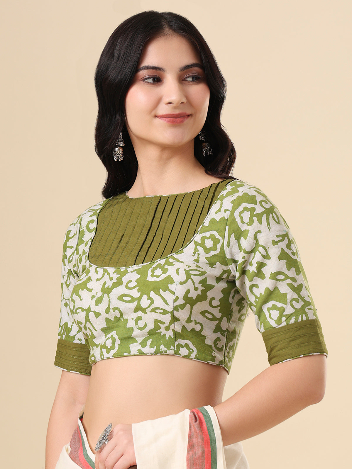 Olive cotton printed blouse with round neck