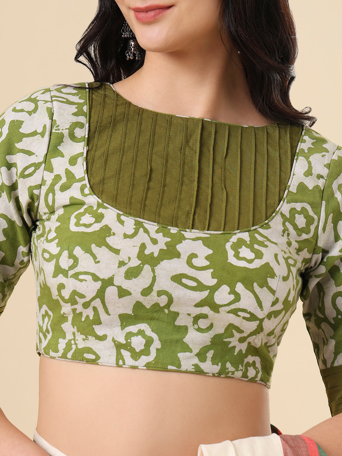 Olive cotton printed blouse with round neck