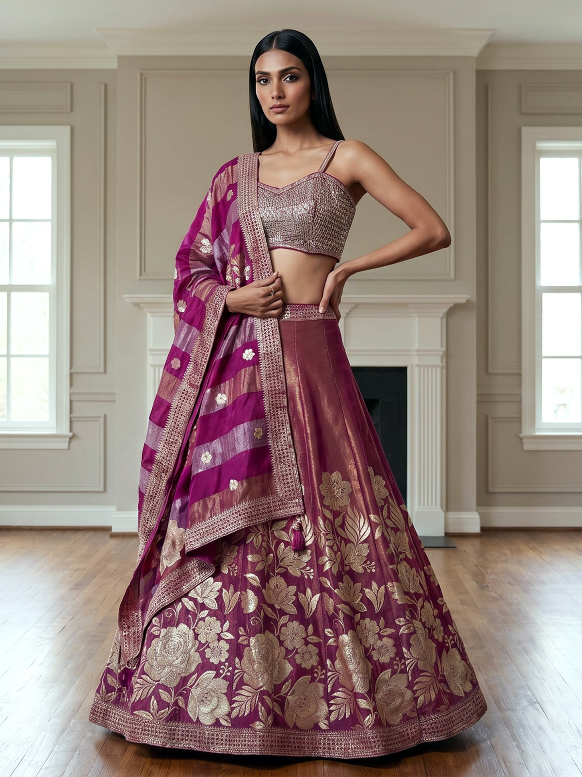 Purple peach silk lehenga choli with floral motifs