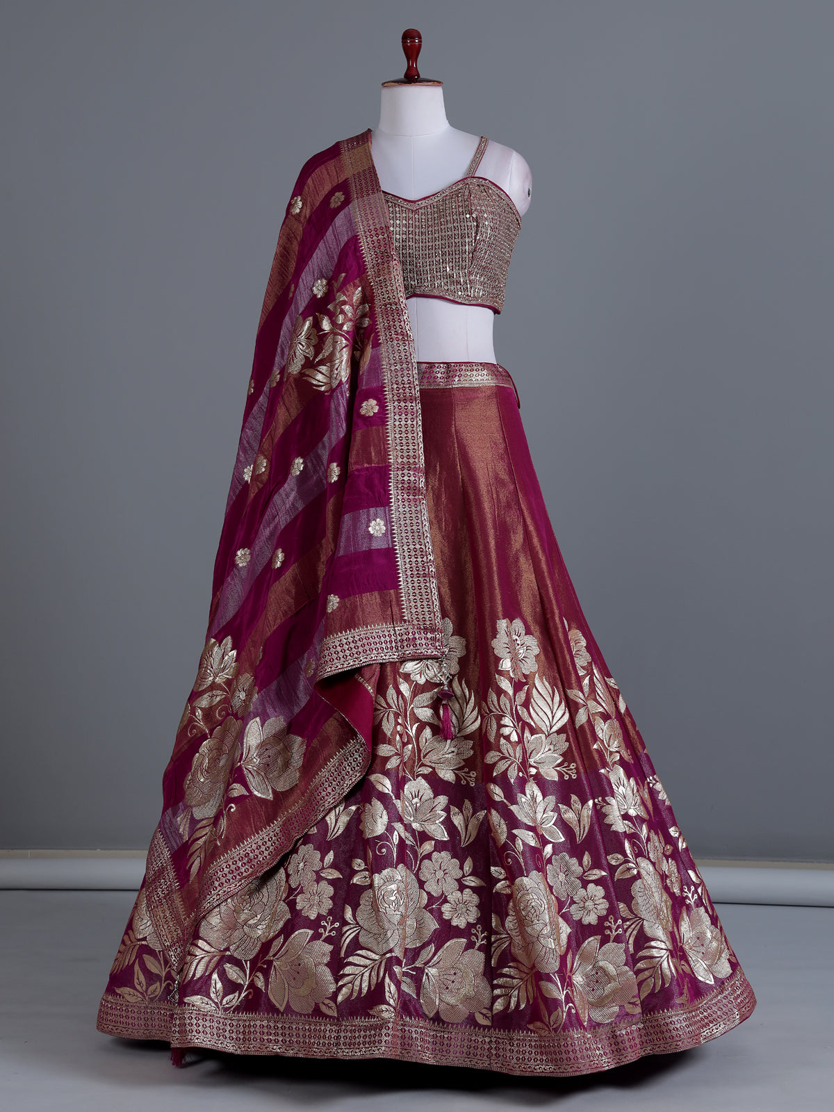 Purple peach silk lehenga choli with floral motifs