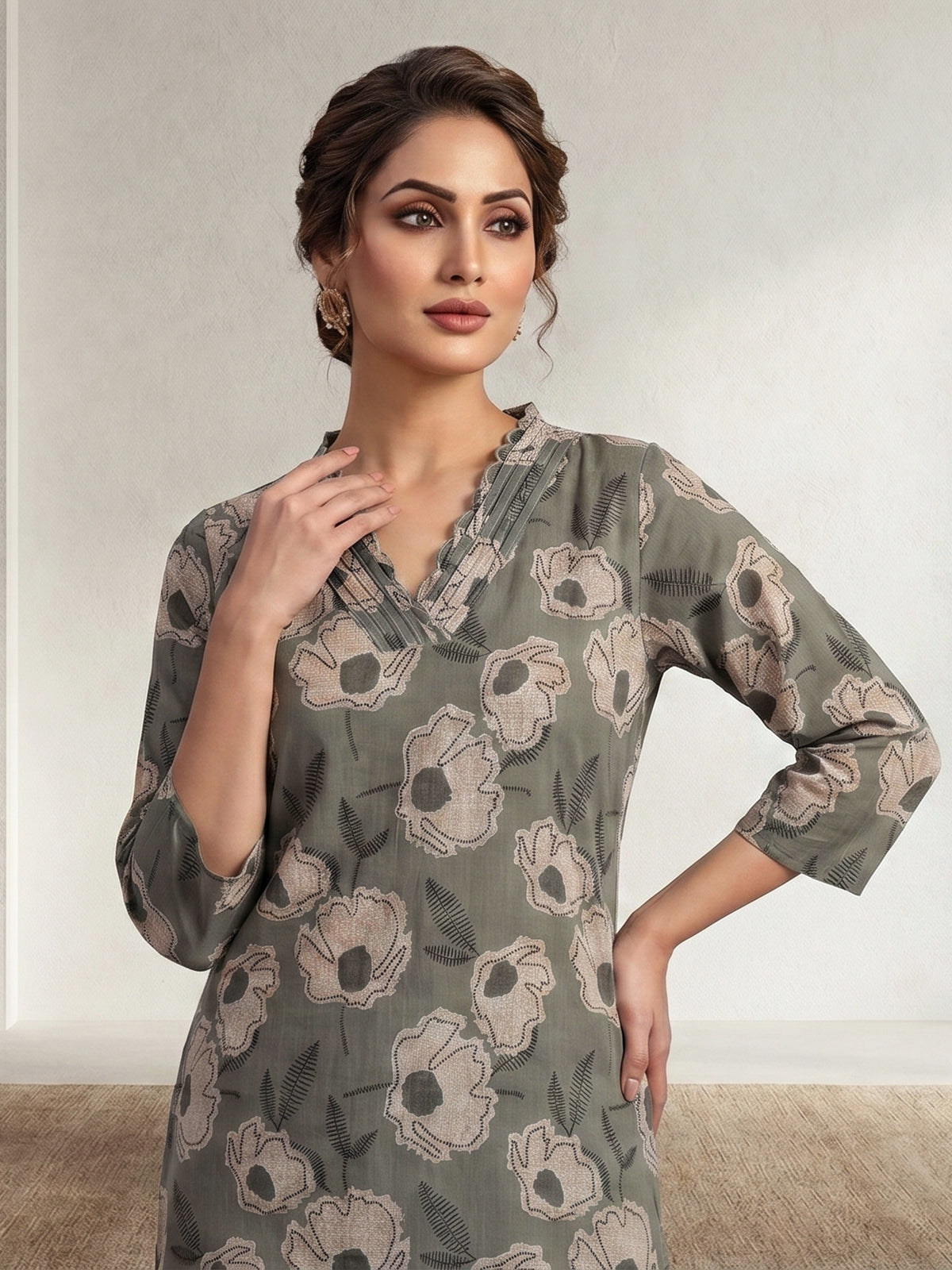 Sage green botanical cotton kurti set edit