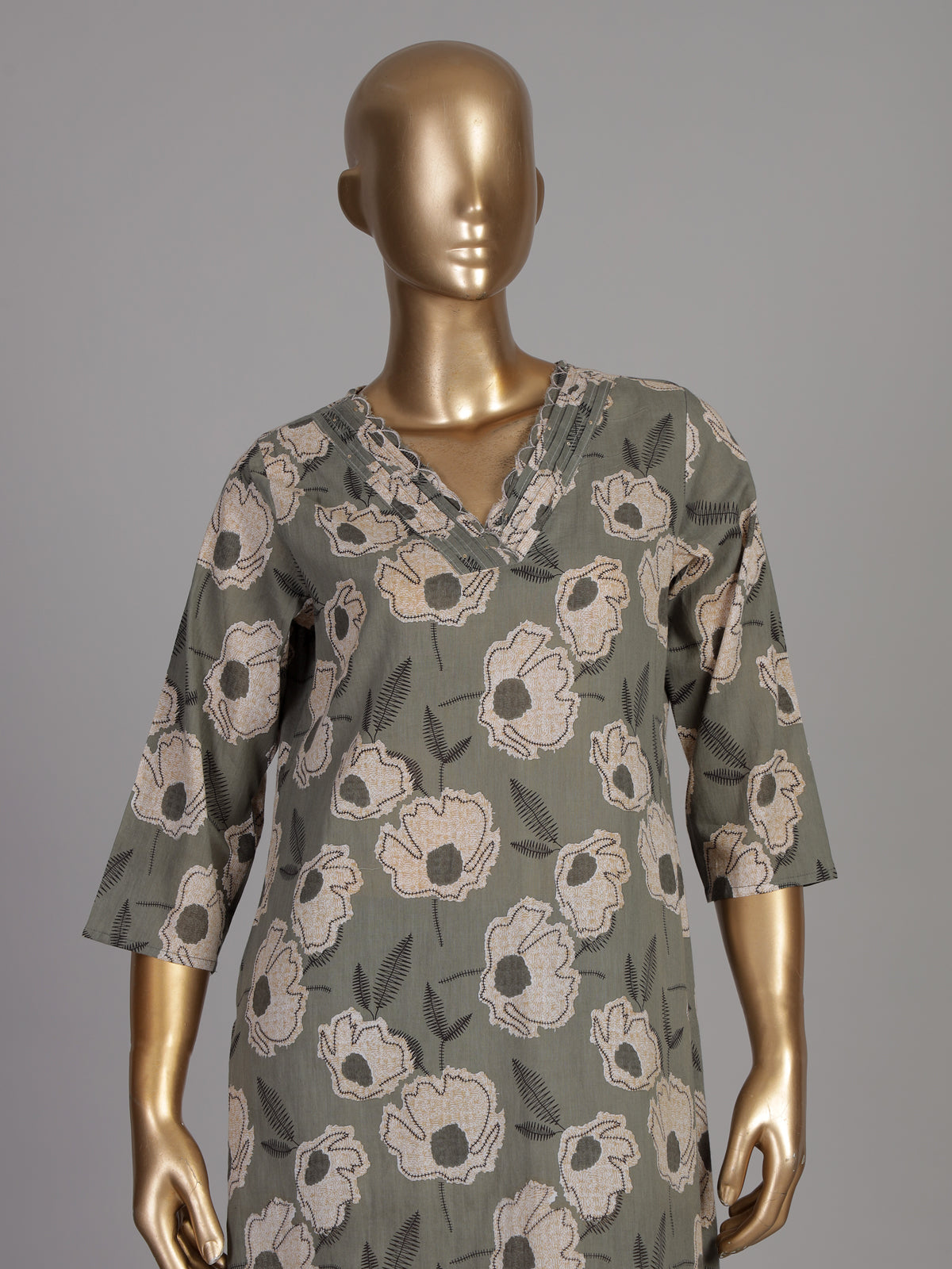 Sage green botanical cotton kurti set edit