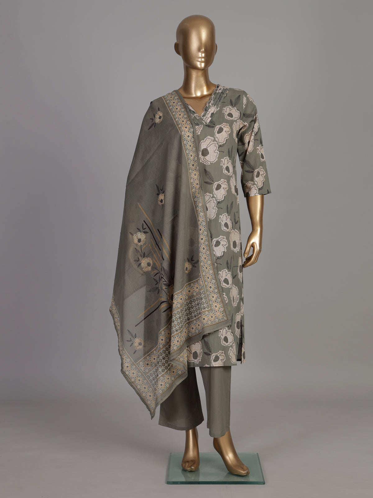 Sage green botanical cotton kurti set edit