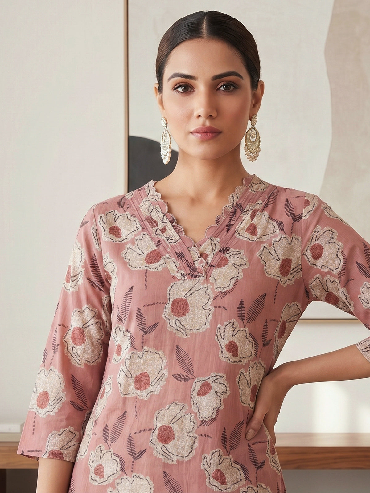 Dusty rose floral cotton kurti set ensemble