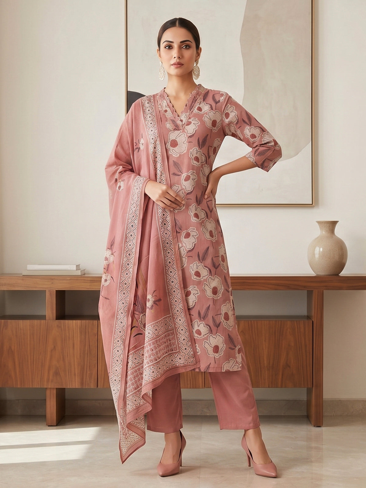 Dusty rose floral cotton kurti set ensemble