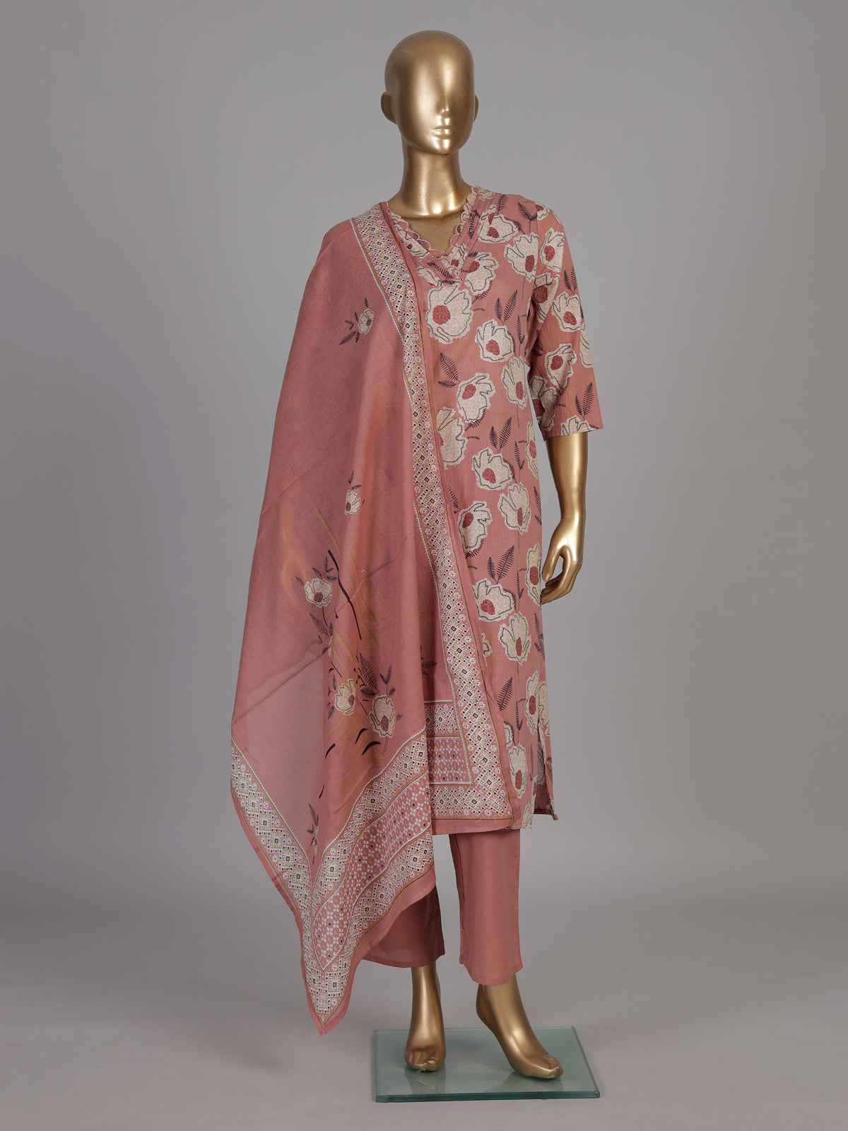 Dusty rose floral cotton kurti set ensemble