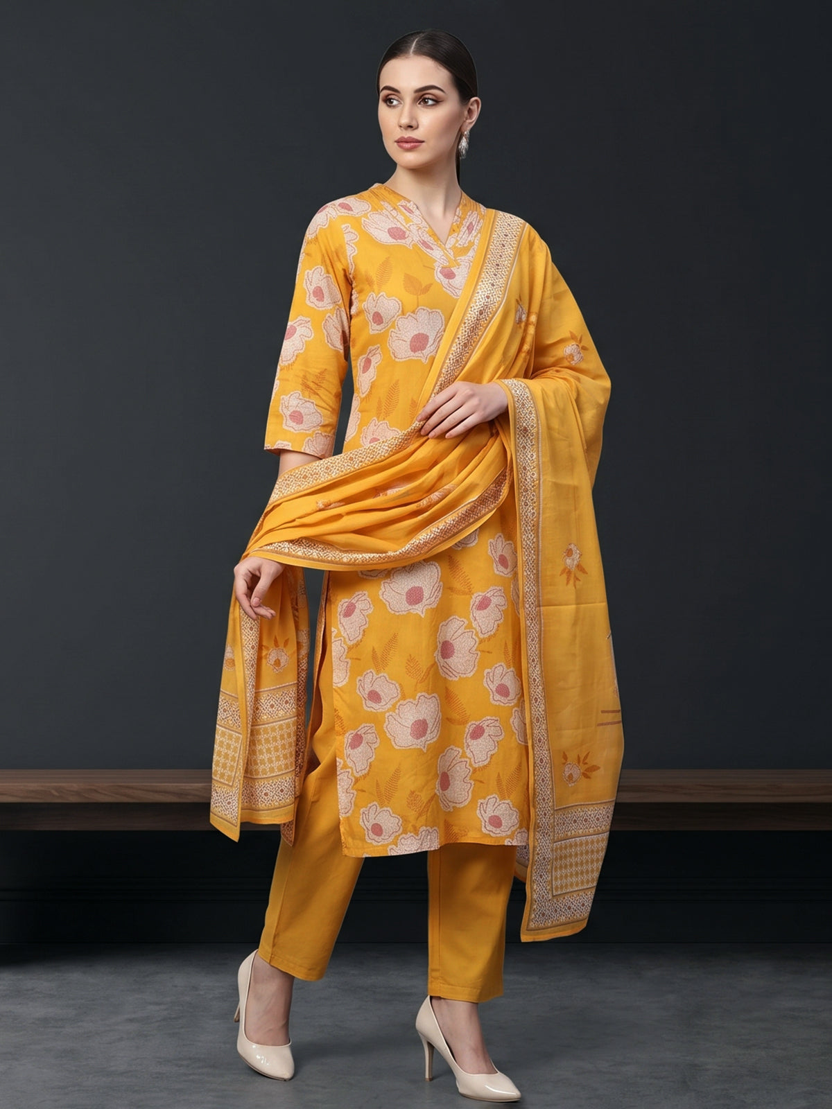 Mustard yellow botanical cotton kurti set edit