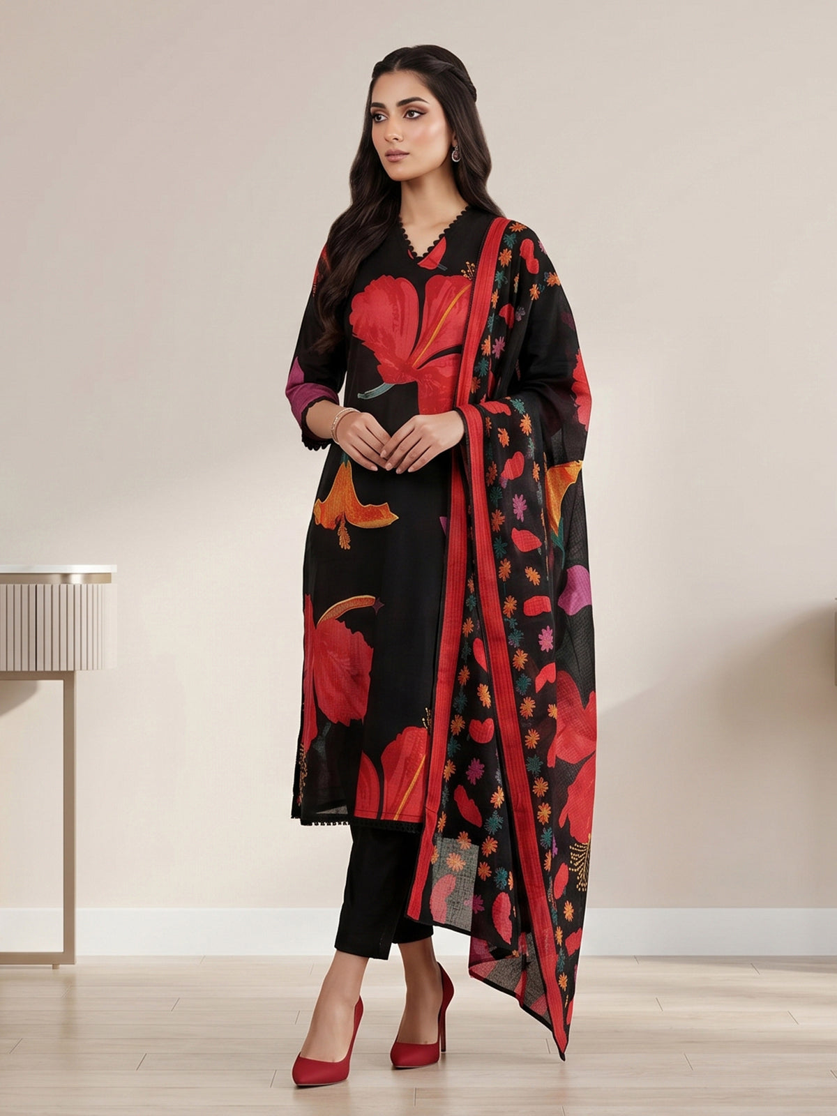 Black hibiscus floral cotton kurti set ensemble