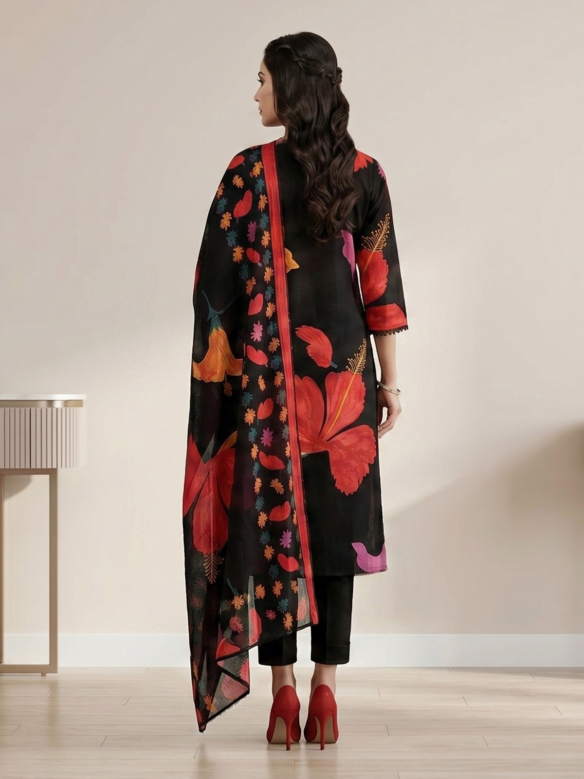 Black hibiscus floral cotton kurti set ensemble