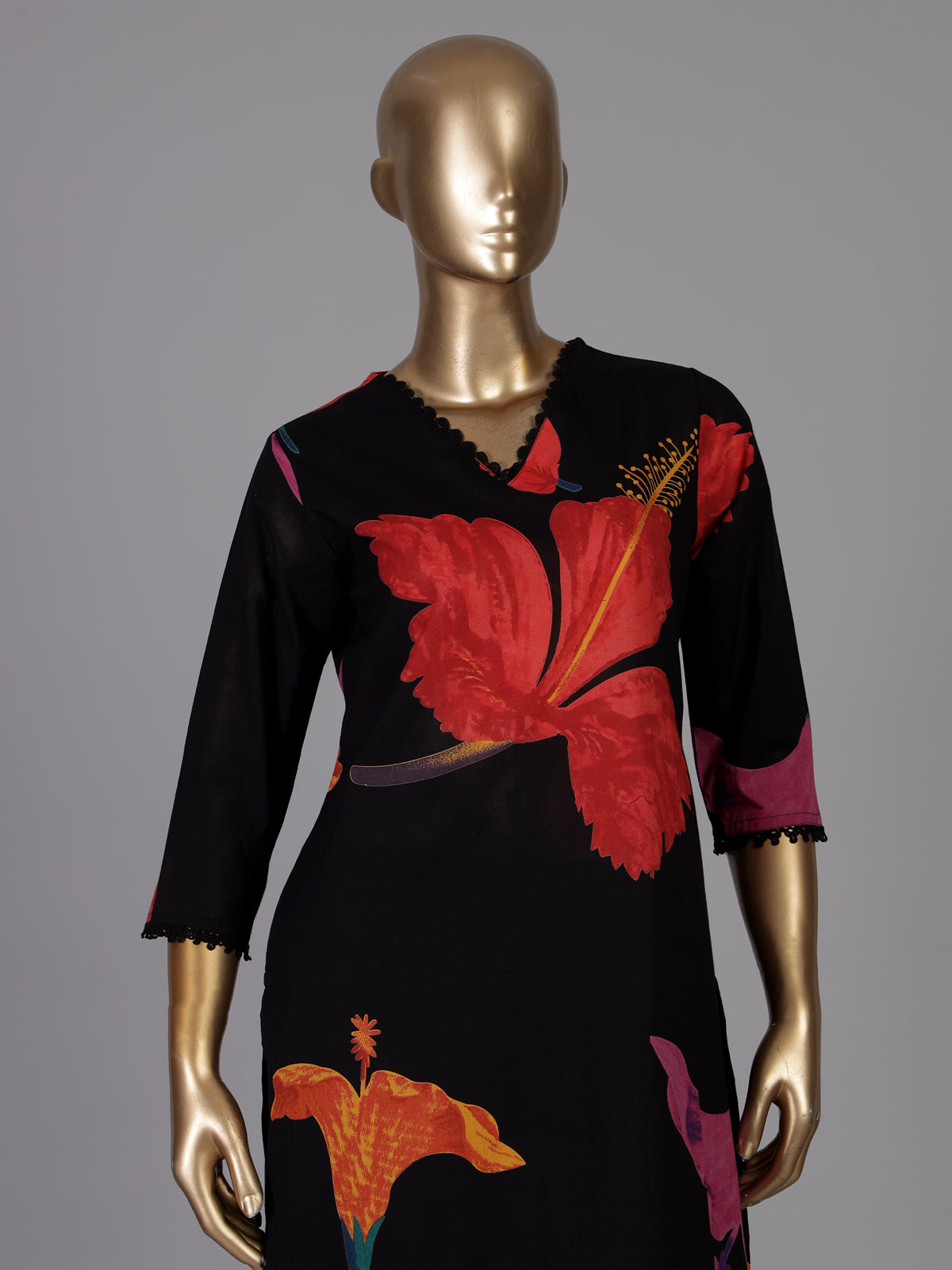 Black hibiscus floral cotton kurti set ensemble