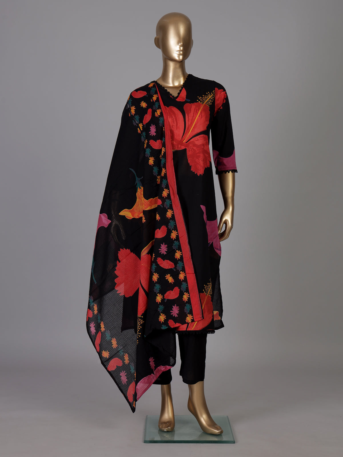 Black hibiscus floral cotton kurti set ensemble