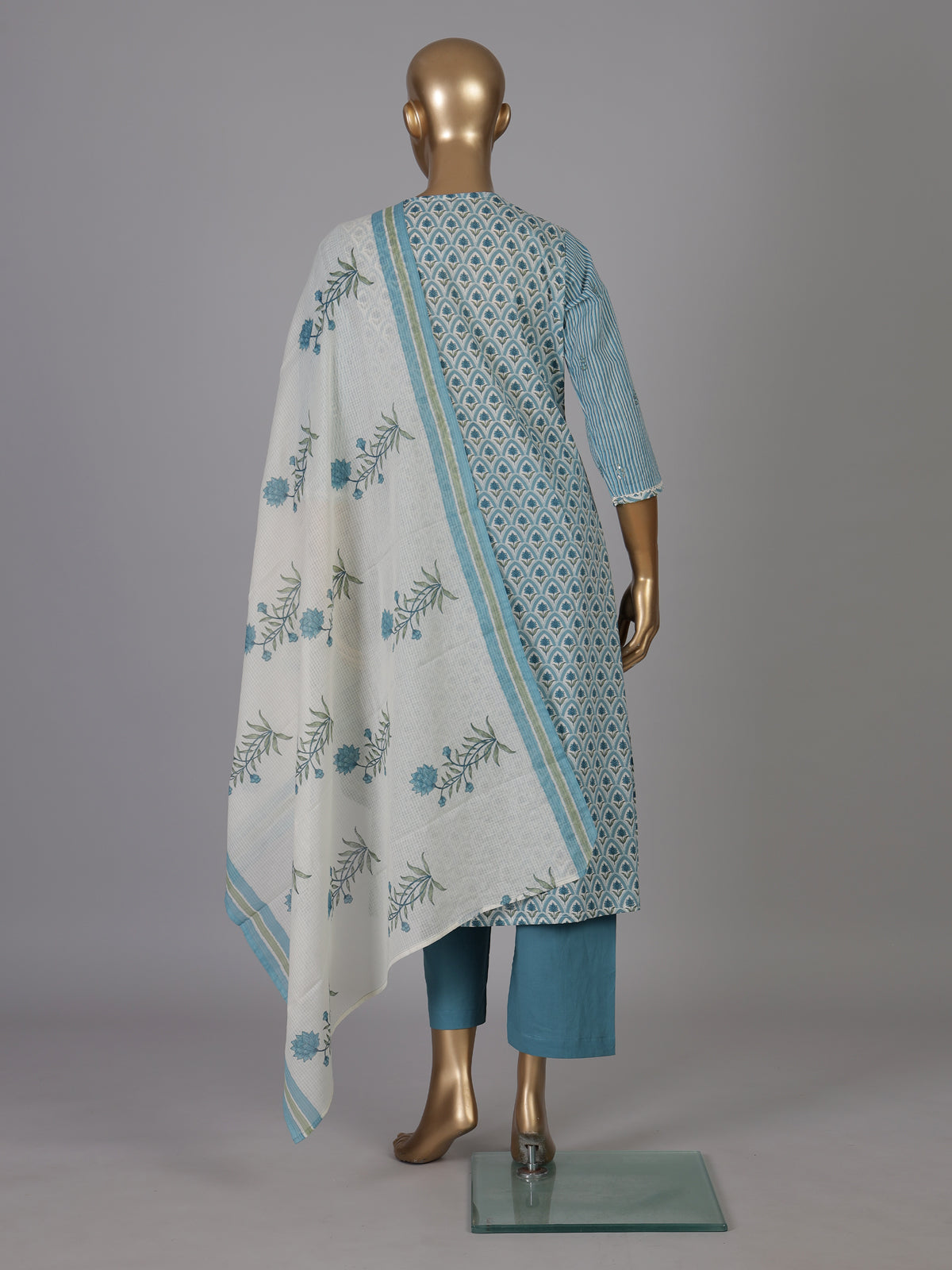 Blue striped printed cotton kurti set edit