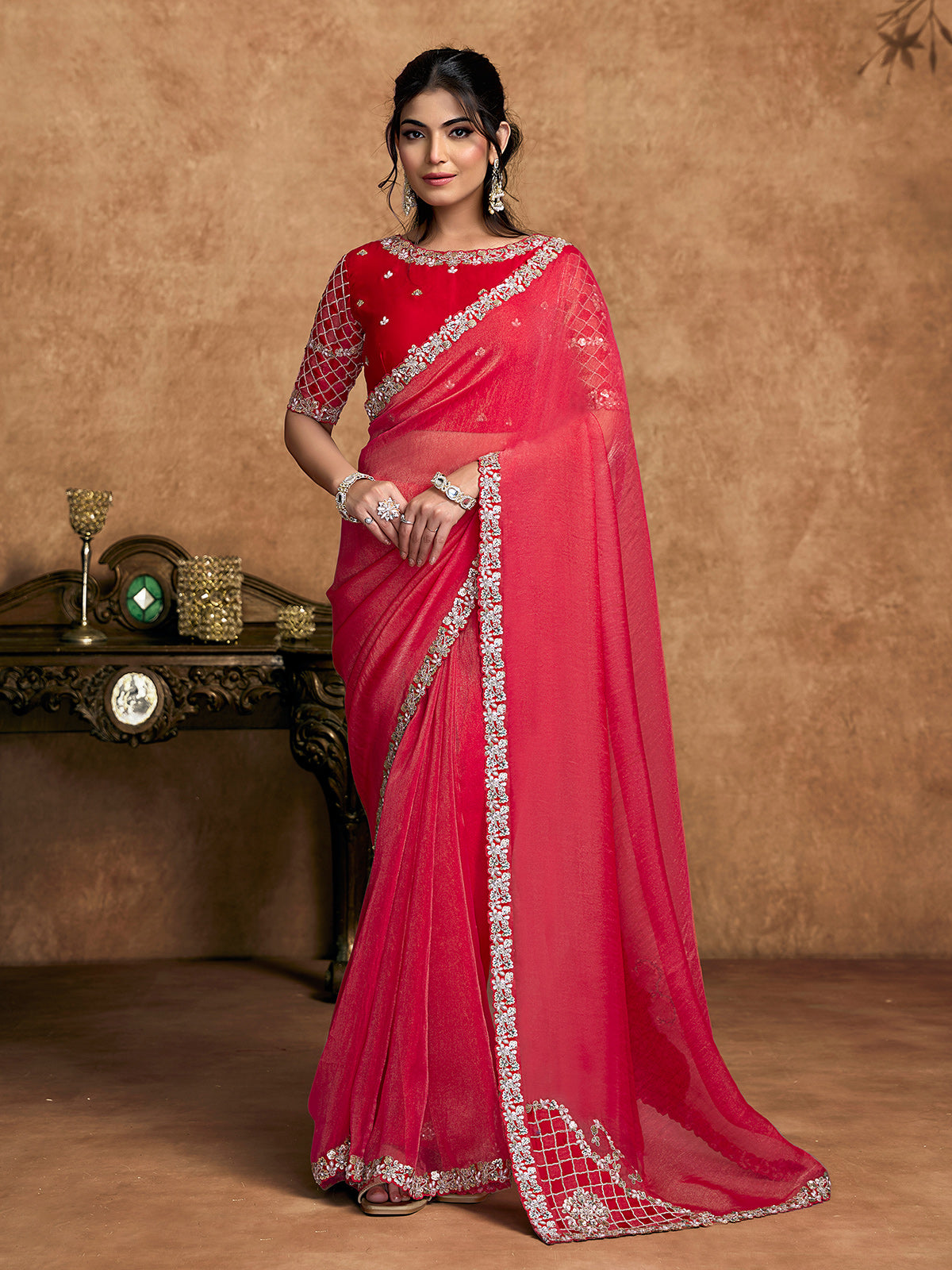 Reddish pink festive wear organza satin saree
