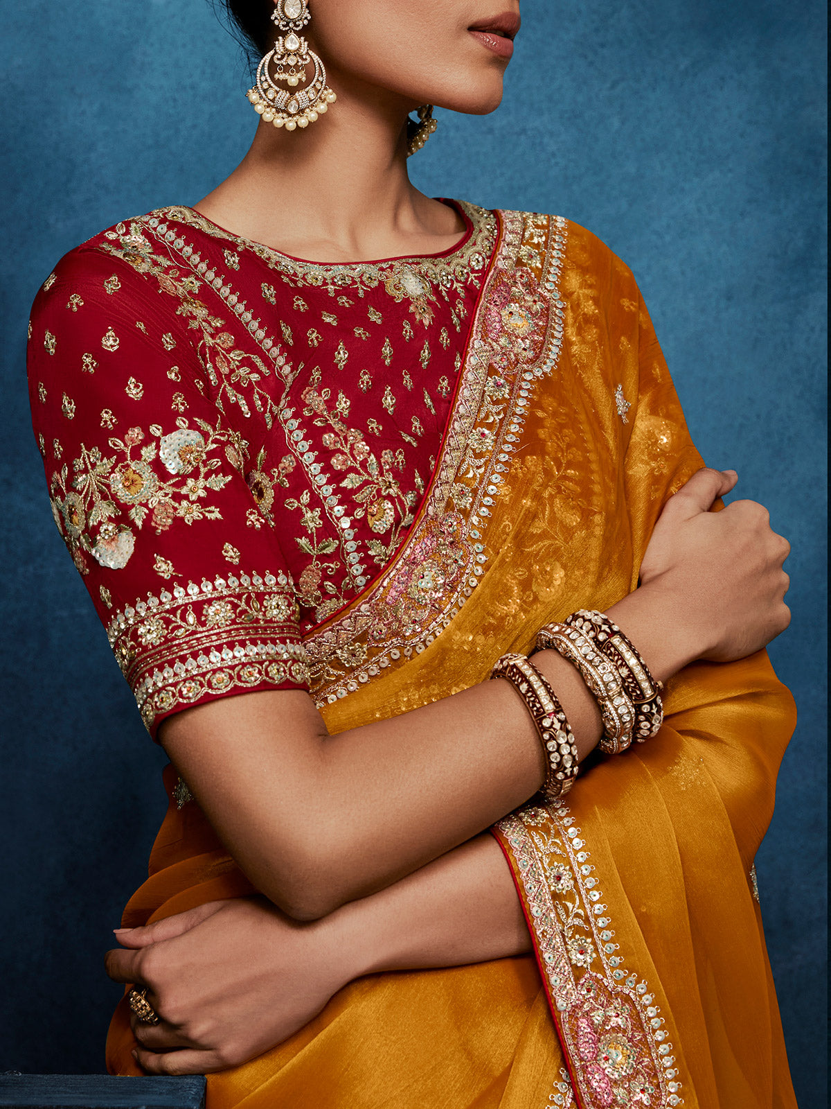 Mustard yellow tissue silk saree for wedding celebrations