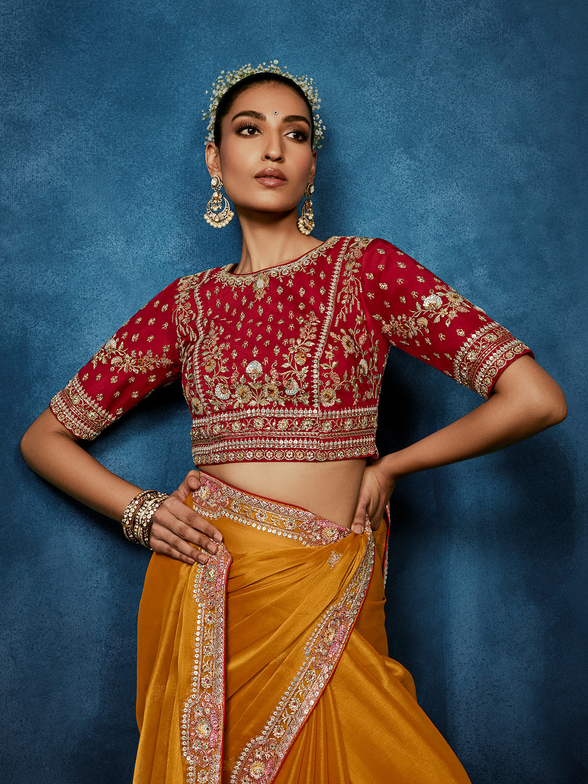Mustard yellow tissue silk saree for wedding celebrations